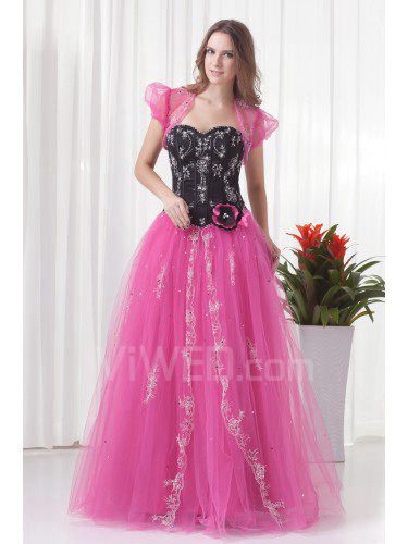 Balón raso y piso de longitud vestido de noche vestido de novia de red con bordados y la chaqueta