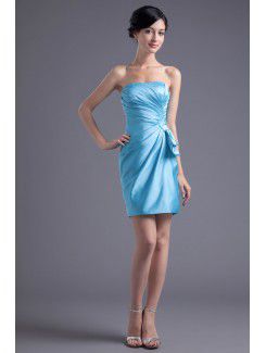 Satin Strapless Asymmetrical Short Gathered Ruched Cocktail Dress