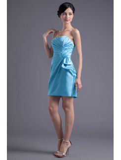 Satin Strapless Asymmetrical Short Gathered Ruched Cocktail Dress