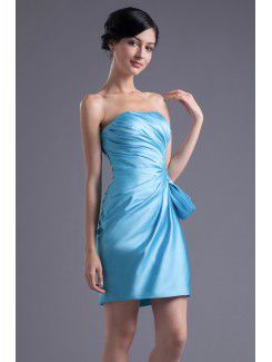 Satin Strapless Asymmetrical Short Gathered Ruched Cocktail Dress