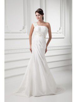 Taffeta One-Shoulder Sheath Sweep Train Embroidered Wedding Dress