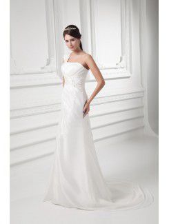 Taffeta One-Shoulder Sheath Sweep Train Embroidered Wedding Dress