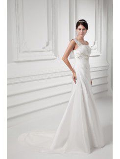 Taffeta One-Shoulder Sheath Sweep Train Embroidered Wedding Dress