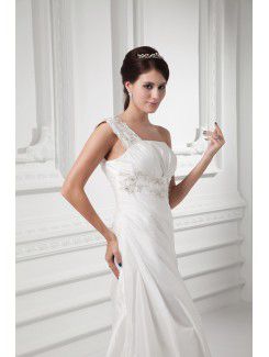 Taffeta One-Shoulder Sheath Sweep Train Embroidered Wedding Dress