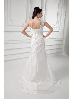 Taffeta One-Shoulder Sheath Sweep Train Embroidered Wedding Dress