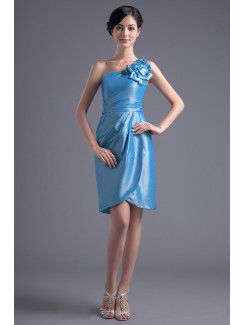 Taffeta One-Shoulder Column Knee-Length Hand-made Flower Cocktail Dress