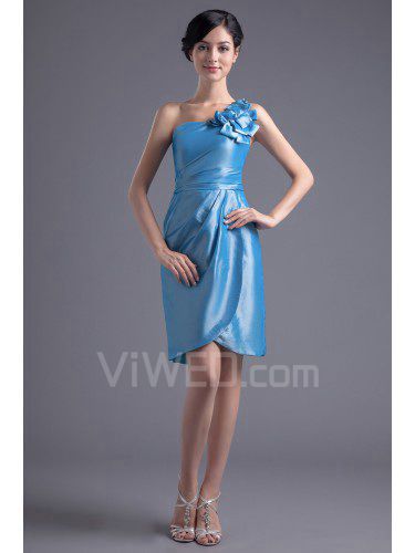 Taffeta One-Shoulder Column Knee-Length Hand-made Flower Cocktail Dress