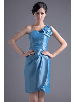 Taffeta One-Shoulder Column Knee-Length Hand-made Flower Cocktail Dress