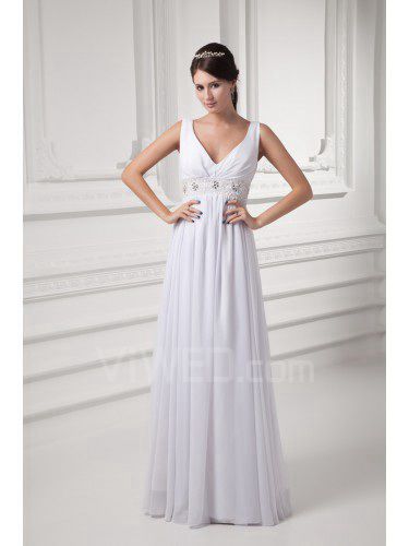 Chiffon V-Neckline Column Floor Length Embroidered Wedding Dress