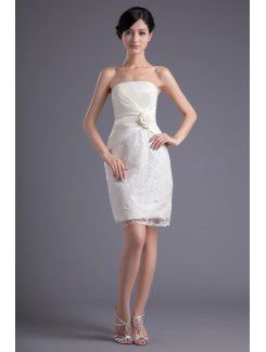 Satin and Lace Strapless Sheath Short Hand-made Flower Cocktail Dress