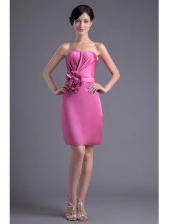 Satin Strapless Column Knee-length Hand-made Flower Cocktail Dress