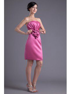 Satin Strapless Column Knee-length Hand-made Flower Cocktail Dress