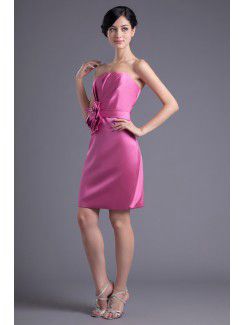 Satin Strapless Column Knee-length Hand-made Flower Cocktail Dress