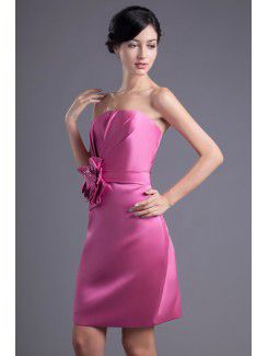 Satin Strapless Column Knee-length Hand-made Flower Cocktail Dress