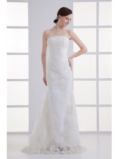 Satin and Net Strapless Sheath Floor Length Embroidered Wedding Dress