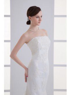 Satin and Net Strapless Sheath Floor Length Embroidered Wedding Dress