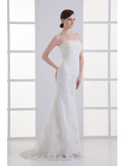 Satin and Net Strapless Sheath Floor Length Embroidered Wedding Dress