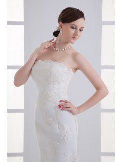 Satin and Net Strapless Sheath Floor Length Embroidered Wedding Dress