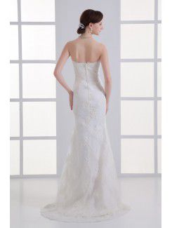 Satin and Net Strapless Sheath Floor Length Embroidered Wedding Dress