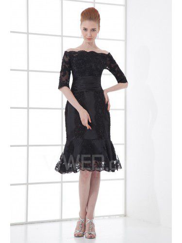 Kant off-the-shoulder schede knielange halve mouwen cocktail jurk