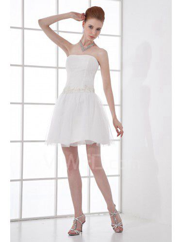 Net and Satin Strapless Sheath Short Sash Cocktail Dress