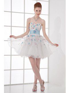 Organza Sweetheart Corset Short Embroidered and Sash Cocktail Dress