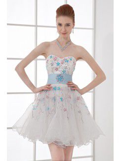 Organza Sweetheart Corset Short Embroidered and Sash Cocktail Dress