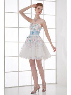 Organza Sweetheart Corset Short Embroidered and Sash Cocktail Dress