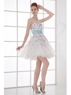 Organza Sweetheart Corset Short Embroidered and Sash Cocktail Dress