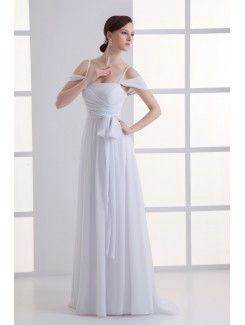 Chiffon Scoop Column Floor Length Sash Wedding Dress