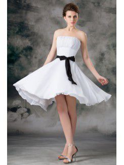 Chiffon Strapless Knee Length Column Sash Short Wedding Dress