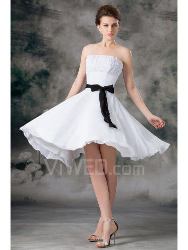 Chiffon Strapless Knee Length Column Sash Short Wedding Dress