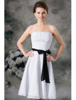 Chiffon Strapless Knee Length Column Sash Short Wedding Dress