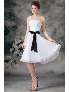 Chiffon Strapless Knee Length Column Sash Short Wedding Dress