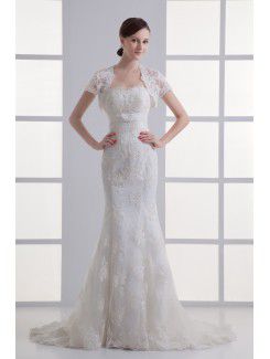 Satin and Net Strapless Sheath Sweep Train Embroidered Wedding Dress with Jacket