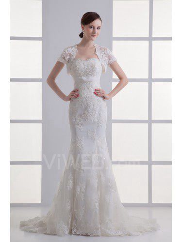 Satin and Net Strapless Sheath Sweep Train Embroidered Wedding Dress with Jacket