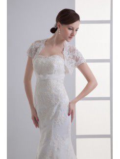 Satin and Net Strapless Sheath Sweep Train Embroidered Wedding Dress with Jacket