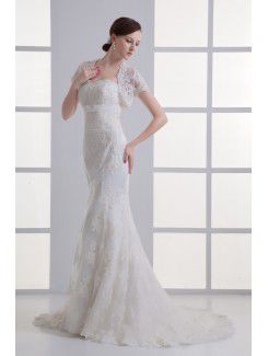 Satin and Net Strapless Sheath Sweep Train Embroidered Wedding Dress with Jacket