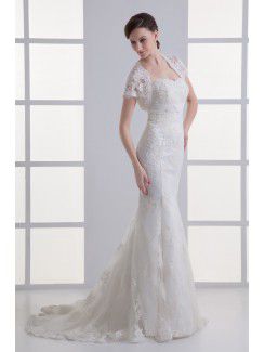 Satin and Net Strapless Sheath Sweep Train Embroidered Wedding Dress with Jacket