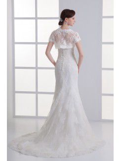 Satin and Net Strapless Sheath Sweep Train Embroidered Wedding Dress with Jacket