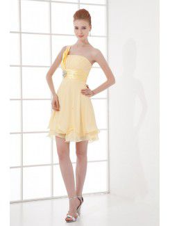 Chiffon One-Shoulder Corset Short Sash Cocktail Dress