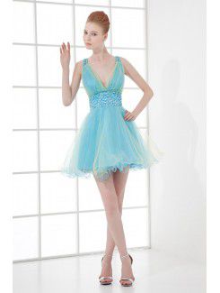 Organza v-escote corsé corto vestido de cóctel de lentejuelas