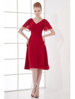 Chiffon V-Neckline Sheath Knee-length Cap Sleeves Cocktail Dress