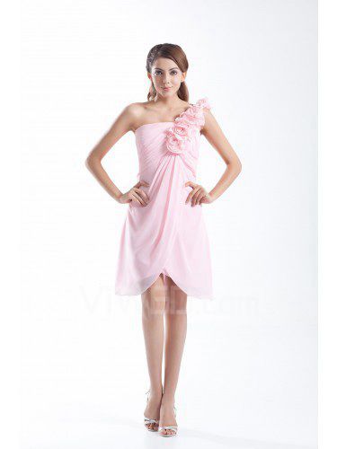 Chiffon One-Shoulder Short Column Hand-made Flowers Cocktail Dress