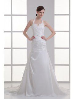 Satin Halter Sheath Sweep Train Crisscross Ruched Wedding Dress