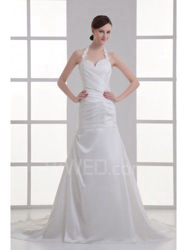 Satin Halter Sheath Sweep Train Crisscross Ruched Wedding Dress