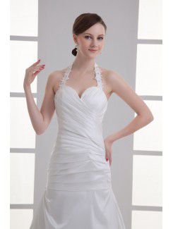 Satin Halter Sheath Sweep Train Crisscross Ruched Wedding Dress