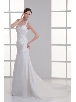 Satin Halter Sheath Sweep Train Crisscross Ruched Wedding Dress