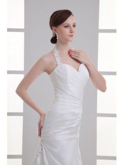 Satin Halter Sheath Sweep Train Crisscross Ruched Wedding Dress