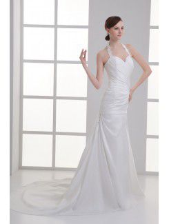 Satin Halter Sheath Sweep Train Crisscross Ruched Wedding Dress